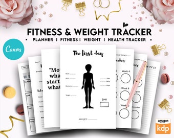 Canva Fitness & Weight Loss Tracker Journal 10 Editable Templates Planner for Journal, Canva KDP editable interiors Bundle COMMERCIAL USE