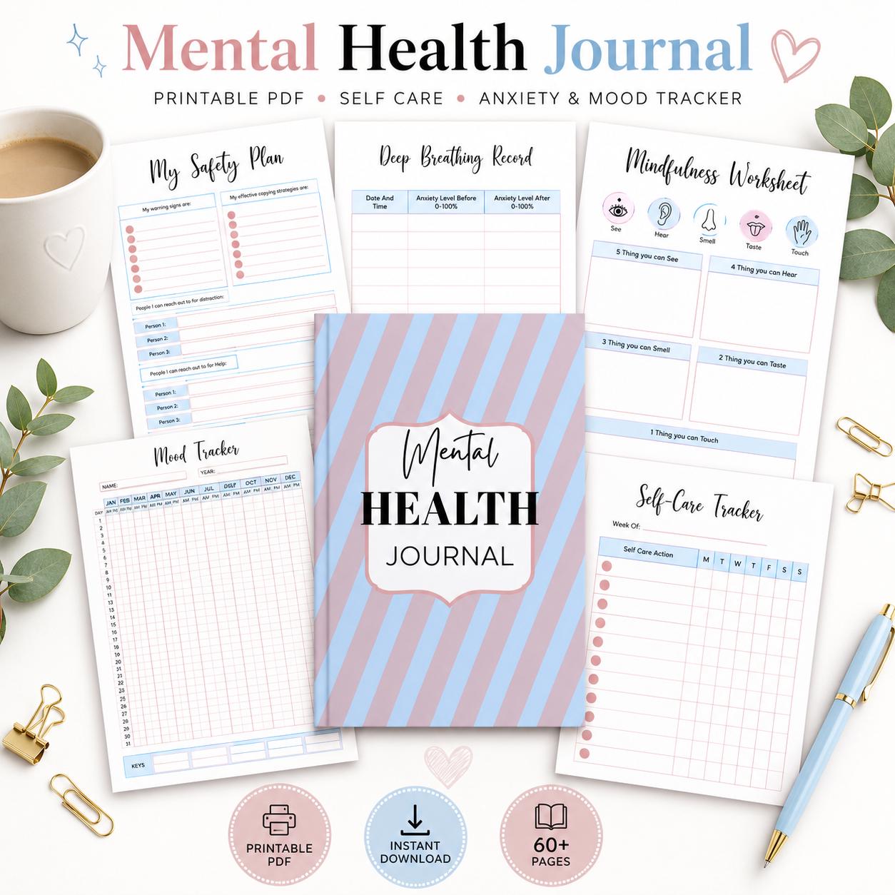 Mental Health Guided therapy journal With Prompts 60 Pages, Printable journal.