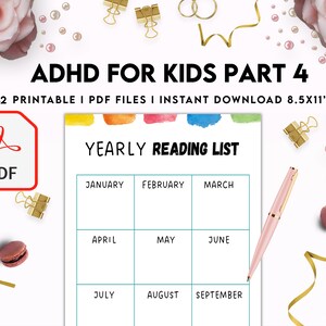May include: A printable PDF reading list for kids with a colorful watercolor background. The list is divided into months of the year, from January to September. The text "YEARLY READING LIST" is at the top of the page.