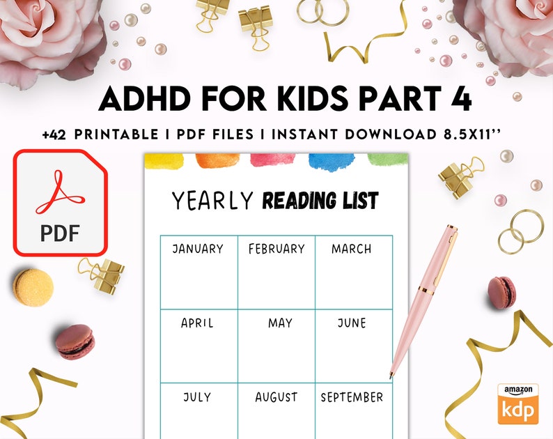 May include: A printable PDF reading list for kids with a colorful watercolor background. The list is divided into months of the year, from January to September. The text "YEARLY READING LIST" is at the top of the page.