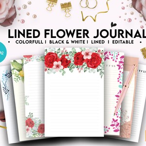 May include: Four different lined journal pages with floral designs. The designs include red roses, pink flowers, lemons, and blue flowers. The pages are white with black lines. The text "LINED FLOWER JOURNAL" is at the top of the image. The text "COLORFULL I BLACK & WHITE I LINED I EDITABLE" is below the title. The text "Canva" is in the bottom left corner. The text "amazon kdp" is in the bottom right corner.