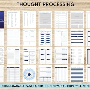 May include: A printable PDF download of 32 pages of thought processing worksheets. The pages are 8.5 inches by 11 inches and feature a variety of layouts and designs, including lists, grids, and circles. The pages are designed to help users organize their thoughts and ideas.