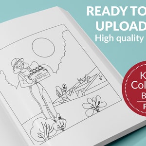 May include: Black and white line drawing of a person carrying a basket of fruit in a field. The image is ready to be uploaded to Amazon KDP for printing as a coloring book.