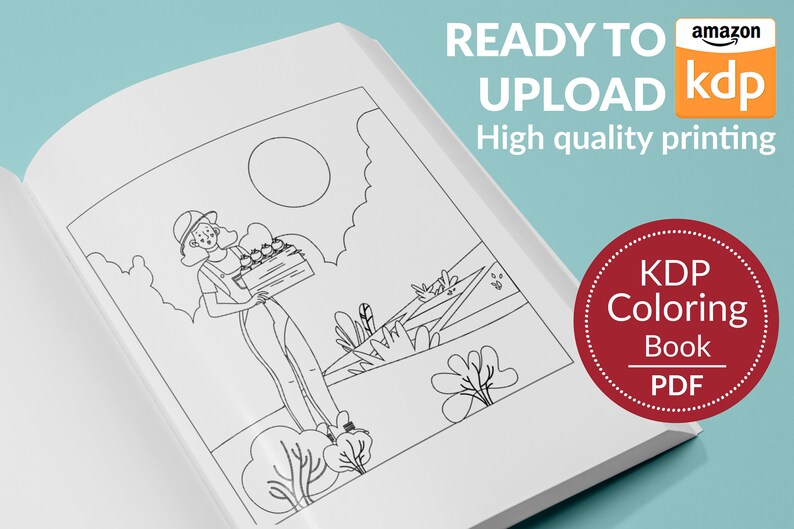 May include: Black and white line drawing of a person carrying a basket of fruit in a field. The image is ready to be uploaded to Amazon KDP for printing as a coloring book.