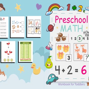 May include: A colorful worksheet for preschoolers to practice math skills. The worksheet features a variety of images, including animals, toys, and numbers. The text on the worksheet includes "Preschool Math", "How Many?", "1+2=3", "4+2=6", and "Workbook for Toddlers".