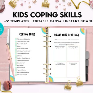 May include: A pink binder with a rainbow design on the cover. The binder has a title that reads "Kids Coping Skills" and a subtitle that reads "+30 Templates | Editable Canva | Instant Download". The binder is open to a page with a list of coping tools and a section titled "Draw Your Feelings".