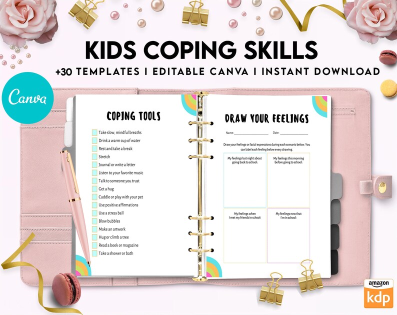 May include: A pink binder with a rainbow design on the cover. The binder has a title that reads "Kids Coping Skills" and a subtitle that reads "+30 Templates | Editable Canva | Instant Download". The binder is open to a page with a list of coping tools and a section titled "Draw Your Feelings".