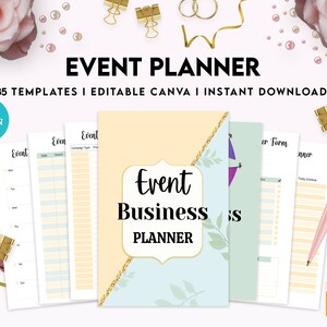 May include: A digital planner for event planning with a light blue and yellow cover featuring the text "Event Business Planner" and gold glitter accents. The planner includes 35 templates that are editable in Canva and can be instantly downloaded.