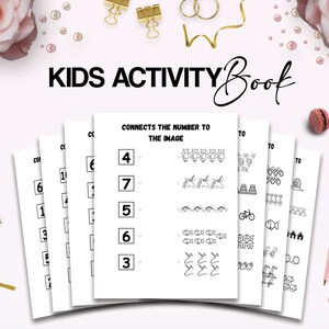 May include: Black and white printable activity sheets for kids. The sheets have numbers 1 through 7 and a variety of images to connect to the numbers. The title of the activity is "Connects the number to the image".