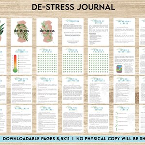 May include: A printable de-stress journal with 32 pages. The journal features a green and blue color scheme with a floral design. The cover page has the text "DE-STRESS JOURNAL" in a bold, black font.