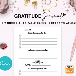 May include: A printable gratitude journal template with a black and white floral design. The journal is 6 x 9 inches and is editable in Canva. The text on the page reads "DATE: Today I am grateful for: My happy moments today: DATE: Today I am grateful for:"