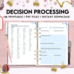 May include: A pink binder with gold rings and a blue and white printable decision processing worksheet. The worksheet includes sections for date of exercise completion, date decision needs to be made by, what decision needs to be made, who does this decision directly impact, what aspect of life do you directly see this decision have an impact on, level of impact, best scenario results, and worst scenario results. The text "Decision Processing" is in black text on a white background at the top of the image. The text "+25 Printable I PDF Files I Instant Download" is in black text on a white background below the title. The text "PDF" is in white text on a red background in the top left corner of the image. The text "amazon kdp" is in black text on a white background in the bottom right corner of the image.