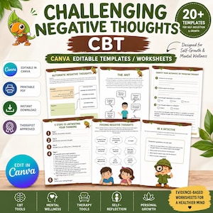 Könnte beinhalten: Eine Sammlung von KVT-Arbeitsblättern mit dem Titel Challenging Negative Thoughts, die über 20 bearbeitbare Canva-Vorlagen zur Selbstreflexion enthält. Die Seiten umfassen Übungen zur Identifizierung automatischer und negativer Gedanken.
