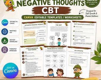 Challenging Negative Thoughts, CBT Editable Templates Worksheets, negative reflections, Self Help Tool Therapy Mental Health Counseling Aid,