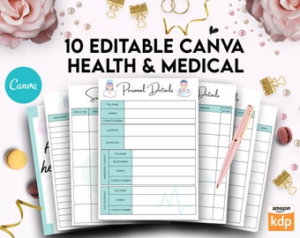 10 Editable Canva Health & Medical Planner Templates for Journal, Canva KDP Planner editable interiors Bundle COMMERCIAL