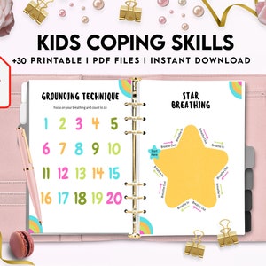 May include: A printable PDF workbook with colorful pages for kids to learn coping skills. The pages include a grounding technique with numbers 1-20 and a star breathing exercise.