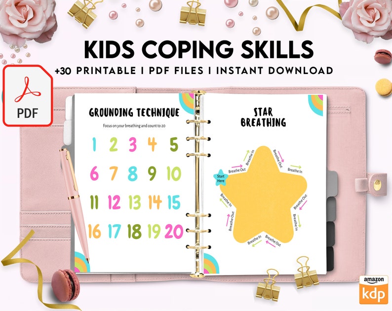 May include: A printable PDF workbook with colorful pages for kids to learn coping skills. The pages include a grounding technique with numbers 1-20 and a star breathing exercise.