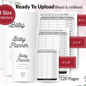 Op de afbeelding: Een printbare baby-planner in drie verschillende formaten: 8,5 inch bij 11 inch, 6 inch bij 9 inch en 5 inch bij 8 inch. De planner heeft 120 pagina's en bevat secties voor het bijhouden van de voeding, slaap en luierwissels van de baby.