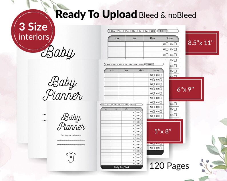 Op de afbeelding: Een printbare baby-planner in drie verschillende formaten: 8,5 inch bij 11 inch, 6 inch bij 9 inch en 5 inch bij 8 inch. De planner heeft 120 pagina's en bevat secties voor het bijhouden van de voeding, slaap en luierwissels van de baby.