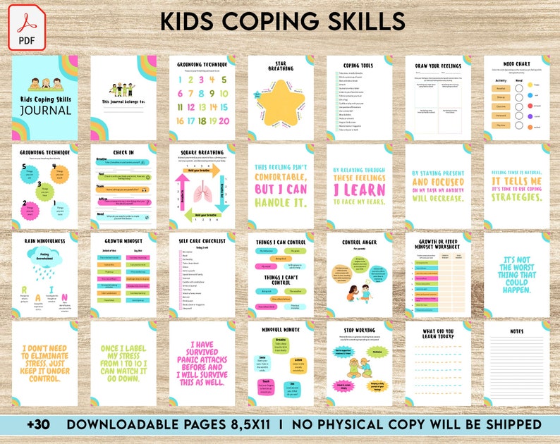 May include: A printable PDF download of a kids coping skills journal with colorful pages and illustrations. The journal includes activities like grounding techniques, square breathing, growth mindset worksheets, and more.