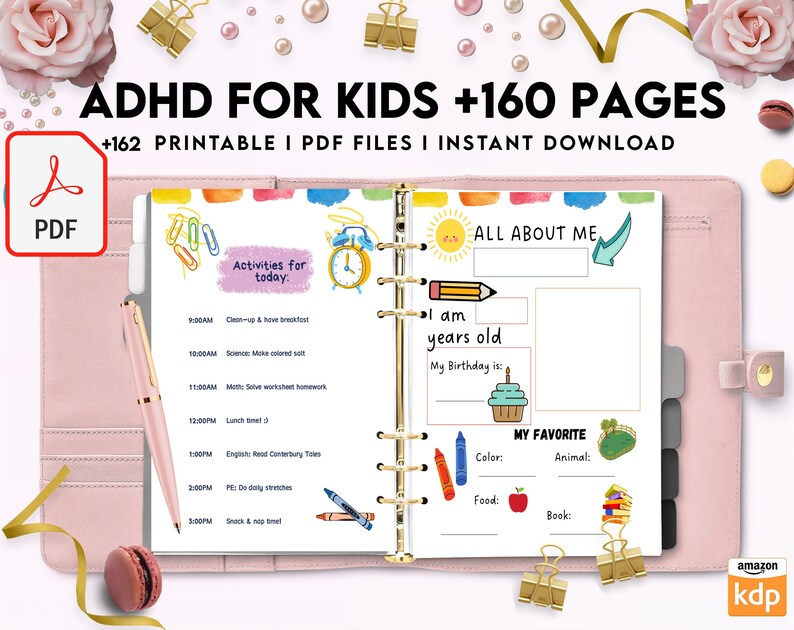 May include: A pink binder with a white page open to a section titled "All About Me". The page has a sun with a smiley face, a pencil, and a space for a child to write their age and birthday. The page also has a section titled "My Favorite" with spaces for a child to write their favorite color, animal, food, and book.