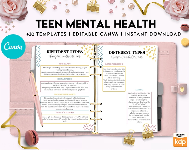 May include: An open planner with pages titled "Different Types of Cognitive Distortions" featuring text about mind reading, mental filtering, discounting the positive, should statements, emotional reasoning, and labeling, with a pink pen.