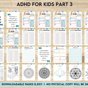 May include: A printable planner for kids with ADHD. The planner includes sections for food intake, water intake, a monthly overview, a to-do list, reflections, and coloring pages. The planner is designed to help kids with ADHD manage their time and stay organized.