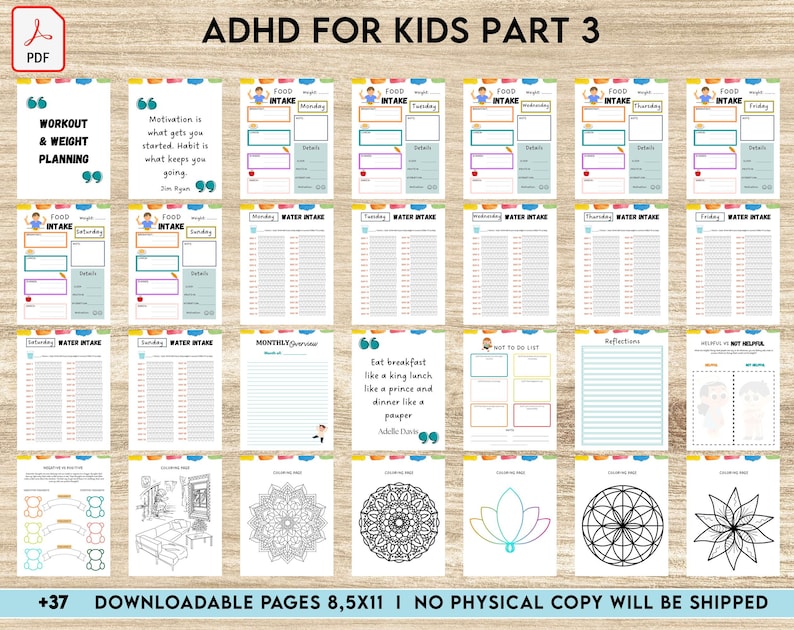 May include: A printable planner for kids with ADHD. The planner includes sections for food intake, water intake, a monthly overview, a to-do list, reflections, and coloring pages. The planner is designed to help kids with ADHD manage their time and stay organized.