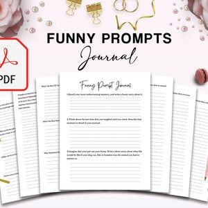 May include: A white journal titled "Funny Prompts Journal" with lined pages, featuring prompts to inspire writing. The image includes a PDF icon, a pink pen, and decorative elements like flowers and gold accents. The Amazon KDP logo is also visible.