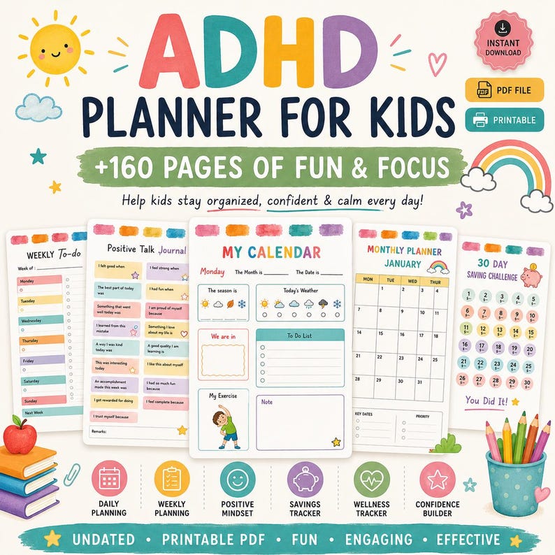 ADHD Planner for kids, adhd checklist, adhd chart, kids mental health, adhd chore chart, adhd digital download image 1