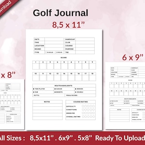 Puede incluir: Plantillas de diario de golf imprimibles en tres tama&ntilde;os: 8,5 x 11 pulgadas, 6 x 9 pulgadas y 5 x 8 pulgadas. Cada plantilla incluye secciones para la fecha, la hora, la ubicaci&oacute;n, el tipo de ronda, el h&aacute;ndicap, el palo, el campo, el prop&oacute;sito, el tee, la puntuaci&oacute;n, los aspectos destacados de la ruta, las notas y la calificaci&oacute;n del campo.
