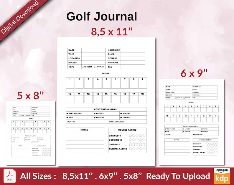 Puede incluir: Plantillas de diario de golf imprimibles en tres tama&ntilde;os: 8,5 x 11 pulgadas, 6 x 9 pulgadas y 5 x 8 pulgadas. Cada plantilla incluye secciones para la fecha, la hora, la ubicaci&oacute;n, el tipo de ronda, el h&aacute;ndicap, el palo, el campo, el prop&oacute;sito, el tee, la puntuaci&oacute;n, los aspectos destacados de la ruta, las notas y la calificaci&oacute;n del campo.