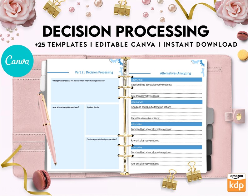 May include: A pink planner with a blue and white page open to a section titled "Decision Processing". The page includes a section for "Alternatives Analyzing" with prompts for listing alternatives, their pros and cons, and rating them.