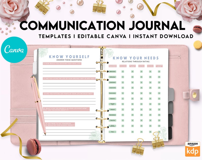 May include: A pink and white communication journal with the text "COMMUNICATION JOURNAL" and "KNOW YOURSELF" and "KNOW YOUR NEEDS" on the cover. The journal has a floral design and is open to two pages with prompts for self-reflection and relationship evaluation.