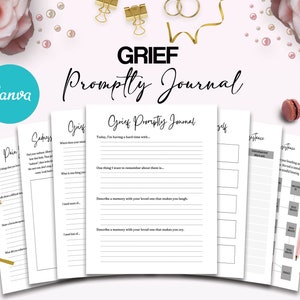 Puede incluir: Un diario blanco Grief Promptly con indicaciones para la autorreflexión. Las páginas del diario se muestran abiertas, con textos como "Dolor", "Tristeza" y "Resistencia". Los logotipos de Canva y Amazon KDP son visibles.