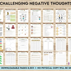 May include: A set of 25 printable worksheets designed to help challenge negative thoughts. The worksheets feature a variety of activities and exercises, including thought tracking, detective practice, and positive self-talk. The worksheets are 8.5 inches by 11 inches.