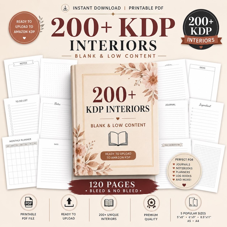Amazon KDP interiors Bundle +200 book, Blank Journal & Low Content Books Notebook, Workbook... , Ready To Upload PDF COMMERCIAL Use image 1