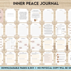 Pode incluir: Um di&aacute;rio imprim&iacute;vel com fundo branco e detalhes florais marrons. A capa apresenta uma pomba branca com contorno marrom e o texto "Inner Peace Journal". O di&aacute;rio inclui mais de 60 p&aacute;ginas e foi projetado para ajudar os usu&aacute;rios a encontrar a paz interior.
