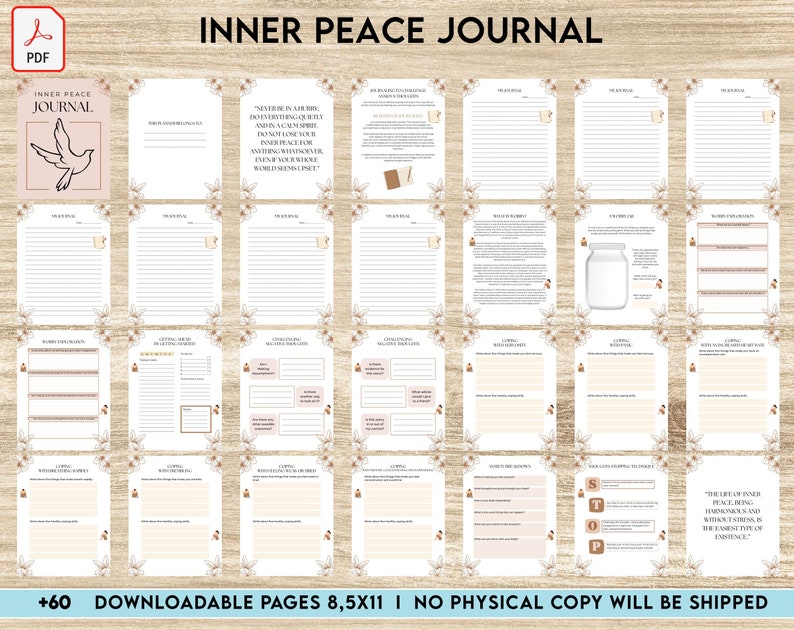 Pode incluir: Um di&aacute;rio imprim&iacute;vel com fundo branco e detalhes florais marrons. A capa apresenta uma pomba branca com contorno marrom e o texto "Inner Peace Journal". O di&aacute;rio inclui mais de 60 p&aacute;ginas e foi projetado para ajudar os usu&aacute;rios a encontrar a paz interior.