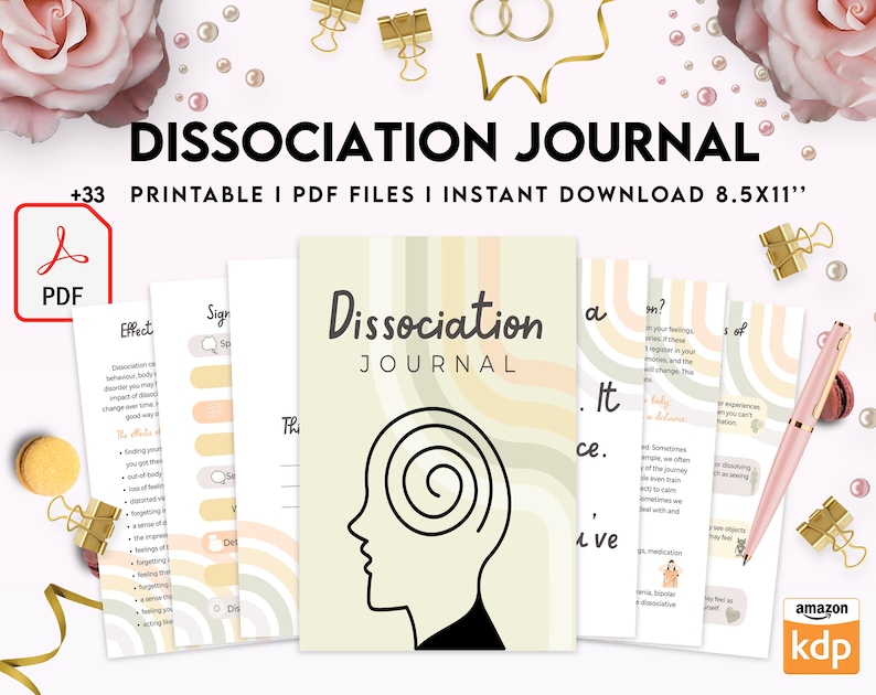 K&ouml;nnte beinhalten: Ein druckbares Journal mit einem peachfarbenen, gr&uuml;nen und beigen gestreiften Einband. Der Einband zeigt eine Strichzeichnung eines Kopfes mit einer Spirale darin. Der Text "Dissociation Journal" ist in schwarzer Kursivschrift geschrieben. Das Journal soll Menschen helfen, Dissoziation zu verstehen und zu bew&auml;ltigen.