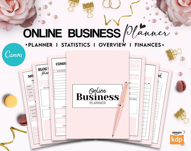 May include: A light pink online business planner with a matching pink pen resting on the cover. The planner includes multiple pages with sections for statistics, overview, and finances. The text on the cover reads Online Business Planner.