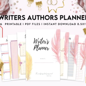 May include: A printable writer's planner with 26 pages, featuring a pink and yellow feather design. The planner is 8.5 inches by 11 inches and includes a title page, goal setting pages, and book tracking pages.