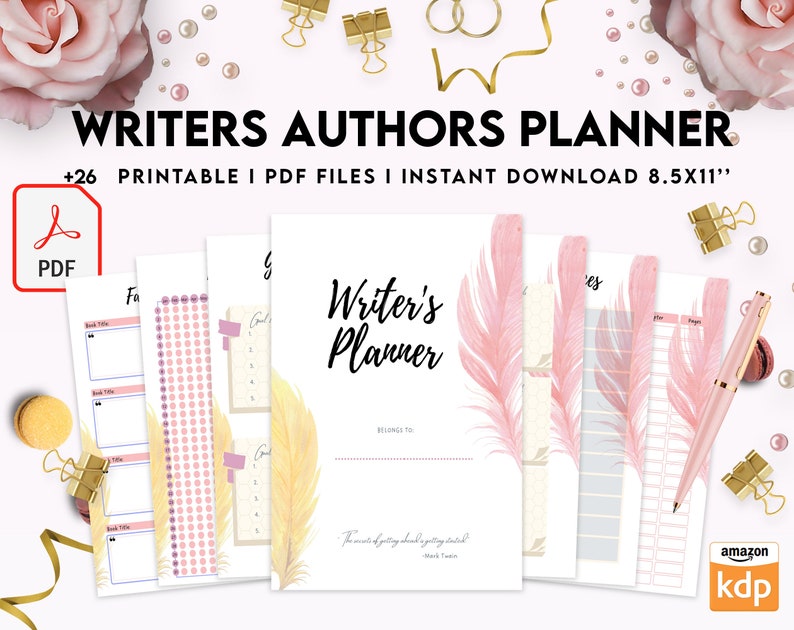 May include: A printable writer's planner with 26 pages, featuring a pink and yellow feather design. The planner is 8.5 inches by 11 inches and includes a title page, goal setting pages, and book tracking pages.