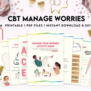 May include: A CBT Manage Worries activity book set featuring 26 printable PDF files in 21.59 x 27.94 cm format. The cover displays two people relaxing, with interior pages showing text, prompts, and illustrations for managing worries, accented by gold clips.