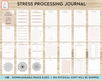 May include: A printable stress processing journal with 25 pages, featuring a black and white mandala design, a stress level tracker, a weekly journal, and a self-care calendar. The journal is 8.5 inches by 11 inches.
