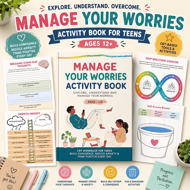 May include: A Manage Your Worries activity book for teens aged 12 plus, featuring a cover illustration of two people relaxing. The set includes worksheets titled Breaking Down Our Thoughts, Growth Mindset, Deep Breathing Exercise, and Self-Esteem Bucket.