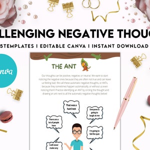 Challenging Negative Thoughts, CBT Editable Templates Worksheets, Self ...