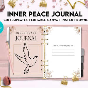 K&ouml;nnte beinhalten: Ein rosa und goldenes Journal mit dem Text "INNER PEACE JOURNAL" und "THIS PLANNER BELONGS TO:" auf dem Cover. Das Journal hat eine goldene Spiralbindung und eine Taubenillustration auf dem vorderen Cover.
