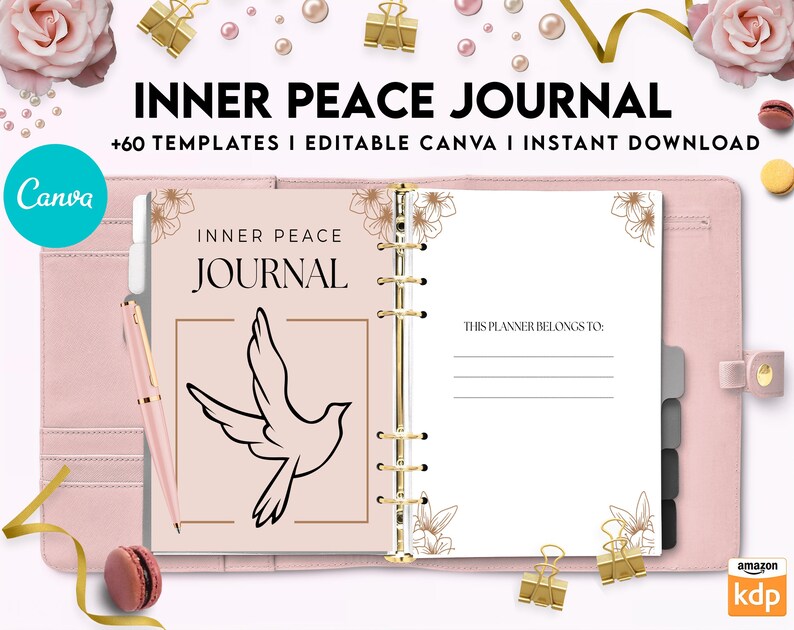 K&ouml;nnte beinhalten: Ein rosa und goldenes Journal mit dem Text "INNER PEACE JOURNAL" und "THIS PLANNER BELONGS TO:" auf dem Cover. Das Journal hat eine goldene Spiralbindung und eine Taubenillustration auf dem vorderen Cover.
