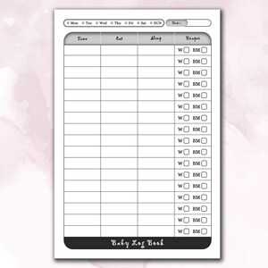 Op de afbeelding: Een zwart-witte printbare babylogboek met kolommen voor tijd, voeding, slaap en luierwissels. De luierkolom heeft vinkjes voor nat en ontlasting.
